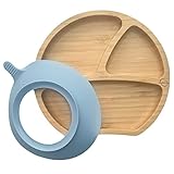 Hochwertiger Baby/Kleinkind Saugnapf-Teller aus natürlichem Bambus mit rutschfestem Saugfuß (Rund Hellblau)