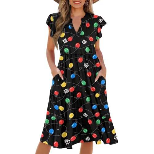 Image of Womens Summer Dress Ruffle Sleeve V Neck Dress Casual Fit Flowy Beach Vacation Sundress with Pocket S-2XL