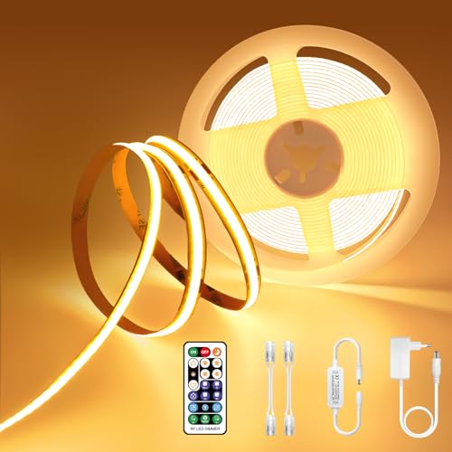 COB tira de LED 5M blanco cálido con temporizador, COB tira de LED 3000K regulable, tira de luz LED autoadhesiva 24V IP44 impermeable, LED Litchband con mando a distancia y fuente de alimentación deba