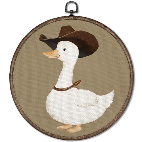GWFSJYU Vintage Western Duck Framed Wall Art, Duck Bathroom Decor, Cowboy Duck Round Canvas Prints Wall Art, Farmhouse Ducks Hanging Decor for Bedroom Living Room, 10”x10”inch