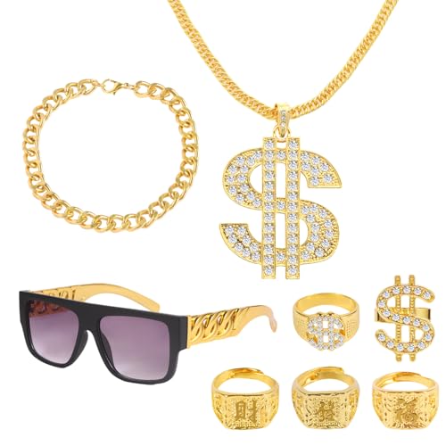 cutlot 8 Stück Zuhälter Kostüm Hip Hop Rapper Set - Goldkette mit Dollar Dollar Ringe Sonnenbrille Armband | 80er 90er Jahre Gangster Gang Outfit Herren für Karneval Mottoparty (A)