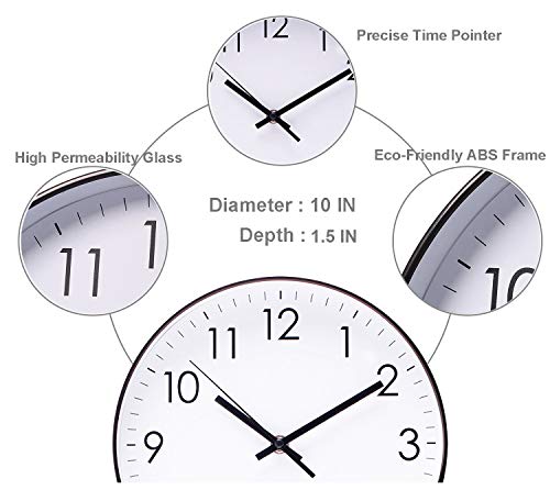 Epy Huts Wall Clock For Living Room, Indoor Non-Ticking Silent Quartz Quiet Sweep Movement Wall Clock For Office, Bathroom, Living Room Decorative 10 Inch White #TOP2