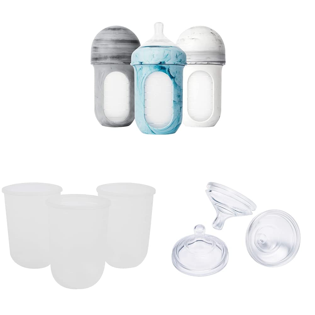 Boon NURSH Reusable Silicone Baby Bottles & NURSH Reusable Silicone Replacement Pouch, 3 Months and up, 8 Ounce (Pack of 3) & NURSH Silicone Replacement Nipple (Pack of 3)