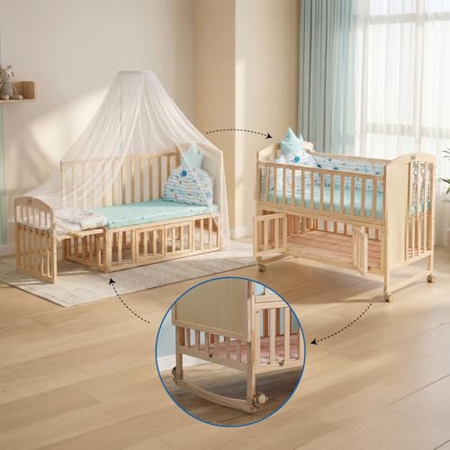 Image of Mee Mee.Dream Grow Baby Cot 15-in-1 Convertible Cradle Cum Cot | Solid New Zealand Pinewood | Bedside Co-Sleeper | 6-Level Height | Rocking Cradle |Toddler Bed |Kids Study Table | BIS & EN Certified