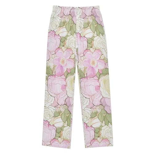 J JOYSAY Rose Blossom Foliage White Pajamas Pants Soft Long Pajama Bottoms Lounge Sleep Pants Size S-XL