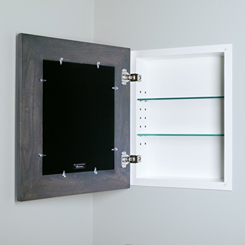 Image of 14x18 Concealed Picture Frame Medicine Cabinet without Mirror for Bathroom, Recessed in the Wall, Made in North America, Real Wood, NO MDF, Adjustable Shelves, Hidden, Stained Gray