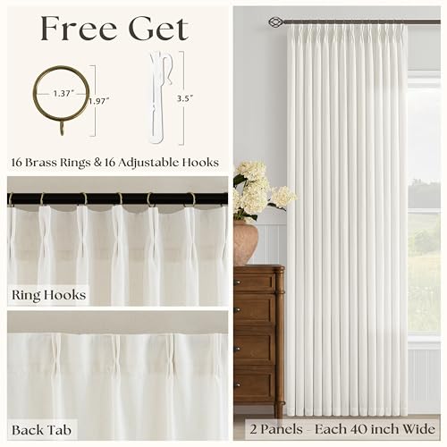 Image of Cream Semi Sheer Linen Pinch Pleated Curtains 72 Inch Long | Beige Ivory Natural, Light Filtering Privacy, Bedroom Bay Window, Burlap Textured, Hook Rings Memory Shape, Boho Modern