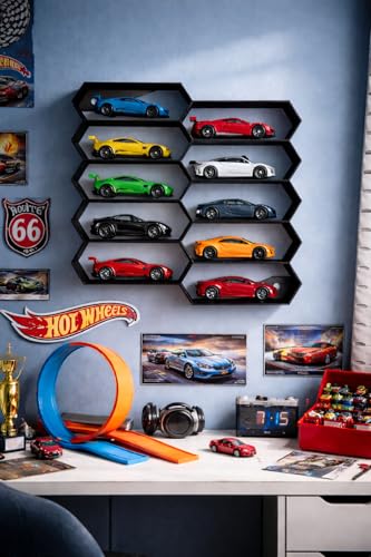 Image of 10-Car Hexagon Wall Rack Compatible with Hot Wheels Stand & 1:64 Die-Cast Cars | Stackable Wall Car Display Organizer with Side Guards & Screw Slot | Home & Office Decor (NO CAR INCLUDED)