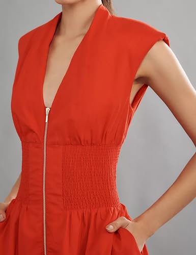 Image of Women's V Neck Summer Dress Cap Sleeve Zipper Mini Dress Smocked Slit Dress with Pockets