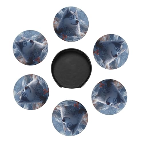 Husky Gifts Siberian Husky Round Leather Coasters Set of 6 Heat Stain Resistant PU Coasters with Storage Holder Ideal for Dining Kitchen Office