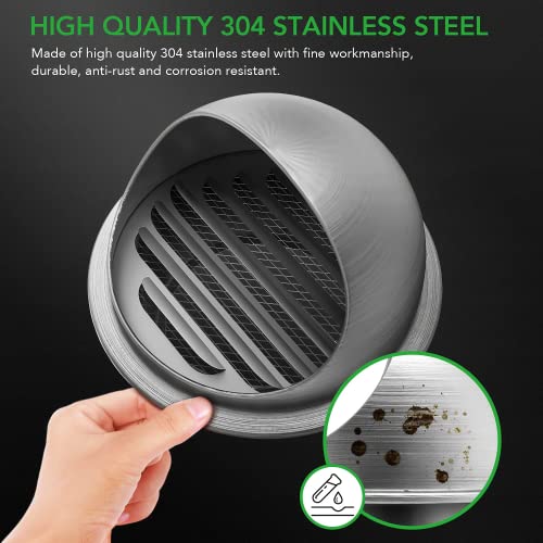 Power 6 Inch Soffit Air Vent 304 Stainless Steel Round Bull Nosed Screen Mesh For Home Bathroom, Kitchen, Office Ventilation, 2-Pack, Silver #TOP2