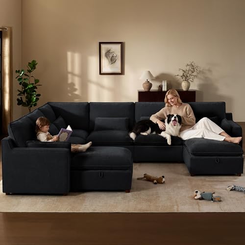 Image of WorthFurni Modern Modular Sectional Sofa,137 inch V Shape Sectional Cloud Couch with Storage Ottoman,Comfty 8 Seat Sofa for Living Room,Black Chenille