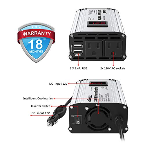 300W Power Inverter DC 12V to 110V AC Car Inverter with 4.8A Dual USB Car Adapter with LED Display