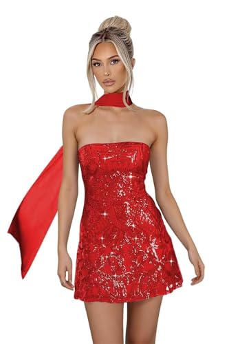 OFEYCHUN Short Strapless Homecoming Dresses with Scarf 2025 Sparkly Sequin Cocktail Party Dress4