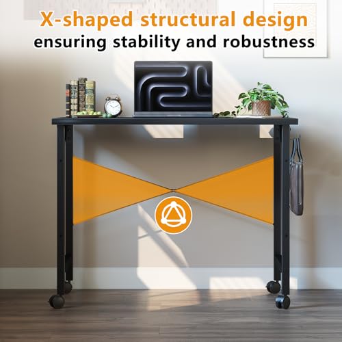 Image of Grandder Rolling Computer 32 inch Desk with Wheels, Wroking Small Desk for Living Room, Modern Simple Style Table for Home Office, Study Writing Table, Caster, Black, 32 inch