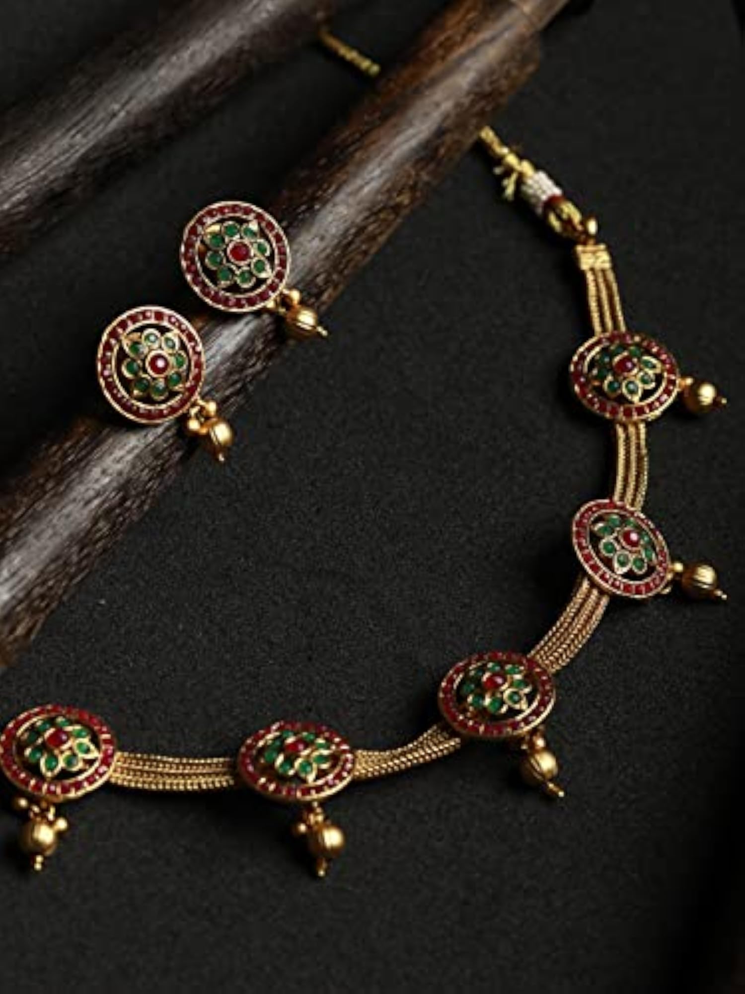 Women's Green & Ruby Floral Plated Jewellery Set, Elegant Gift