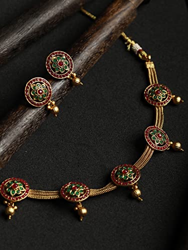 Women's Green & Ruby Floral Plated Jewellery Set, Elegant Gift