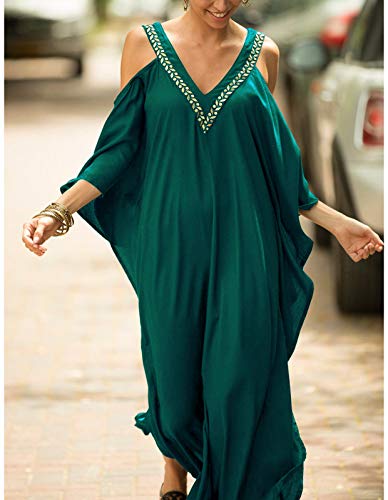 Grajtcin Cold Shoulder V Neck Plus Size Caftan For Womens Beach Kaftan Dress Bikini Swimsuit Cover Ups Peacock Green (G-Green) #TOP1