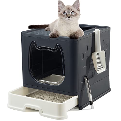 Foldable Cat Litter Box with Lid, Covered Kitten Litter Box with Kitty Litter Scoop and 2 in 1 Brush, Easy to Clean Litter Pan, Enclosed Cats Litter Box