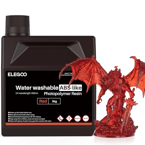 Image of ELEGOO Water Washable ABS-Like Resin, 3D Printer Resin with High Toughness, Low Viscosity and High Precision, 405nm Rapid UV-Curing Photopolymer Resin, Clear Red 2000g