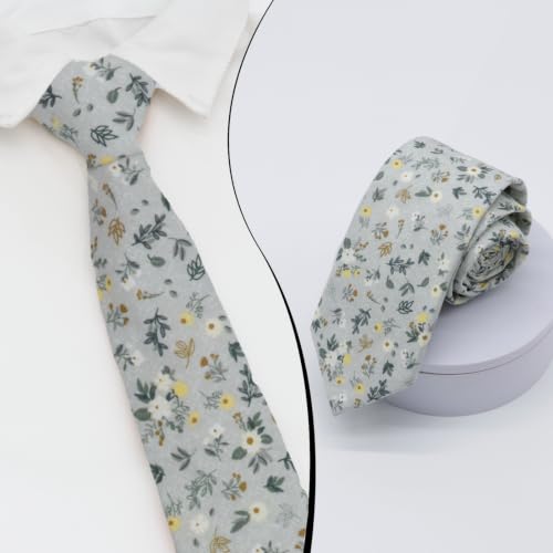 Image of Luckyvestir Ties for Men, Sage Green Cotton Floral Tie 2.76 inch Flower Printed Men's Neckties for Wedding /Groomsmen /Suit /Party