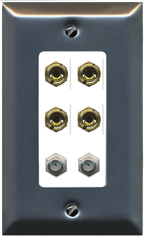 RiteAV 4 Port Banana 2 Speaker Binding Post 2 Coax Wall Plate - 1 Gang Decorative [Stainless/White]