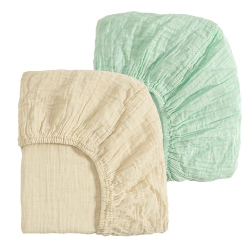Image of david's kids Muslin Mini Crib Sheets, 2 Pack Cotton Pack N Play Sheets for Boys Girls Neutral, Soft Breathable Baby Sheets Fit Pack N Play, Playard and Mini Crib Mattresses, Beige & Green