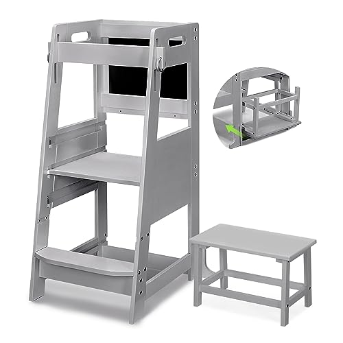 Image of TOETOL Bamboo Kids Step Stool Toddler Kitchen Learning Standing Tower Stool Helper 3 Adjustable Height for Bathroom & Kitchen Counter with Message Boards, Safty Rail Whiteboard, Anti-Slip Protection