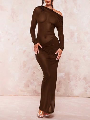 Image of Floerns Women's Asymmetrical Neck Sheer Mesh Long Sleeve Evening Bodycon Maxi Dress
