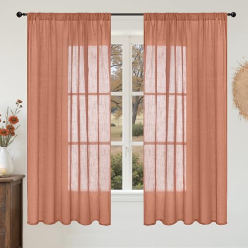 Image of BGment Rust Terracotta Linen Curtains 63 Inches Long for Living Room, Burnt Orange Semi Sheer Window Drapes with Rod Pocket Lightweight for Bedroom, 2 Panels Set, Each 52 Inch Wide