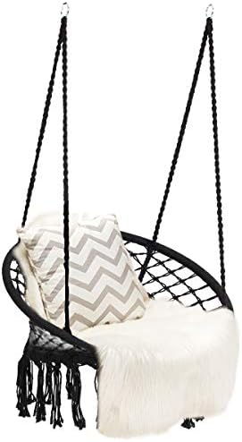 CASART Swing Chair, Cotton Rope Macrame Hammock Chair with Fringes, Indoor Outdoor Bohemian Hanging Chair Seat for Living Room, Bedroom, Garden, Balcony (Black)