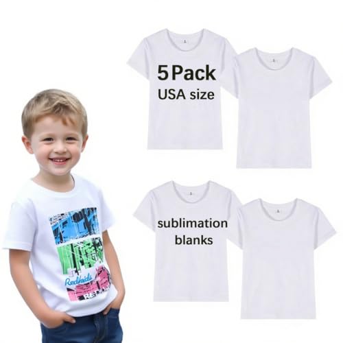 ORJ 5 Pack Unisex Kids White Blanks Polyester Tshirts for Sublimation,Short Sleeves Sublimation t Shirts Blanks for Children