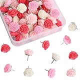 Vuzvuv 60 pcs Deep Pink Rose Flower Push Pin with Gradient Color for Bulletin Board,Decorative Cute Thumbtacks Floret Flower Pins for School, Office
