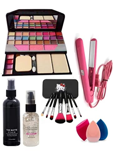 Tya 6155 Multicolour Makeup Kit and 7 Black Brushes Set, 1 Matte Fixer, 1 Makeup Base Primer, 1 Mini Hair Straightener with 3 Beauty Blenders – (Pack of 14)