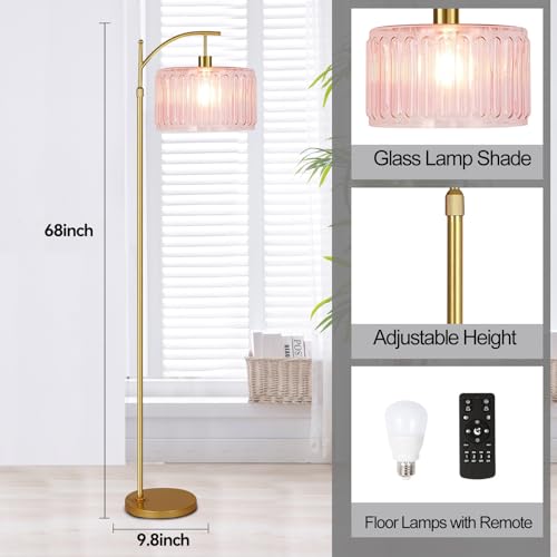 Image of QIYIZM Pink Floor Lamp for Living Room,Bedroom,Gold Dimmable Standing Lamp with Remote,Mid Century Modern Brass Tall Lamp Boho Floor Lamps Arc Stained Glass Flower Floor Light Lamp Girls kids Bohemian