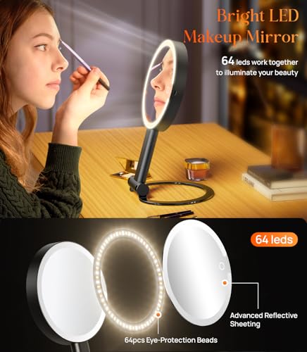 Gospire Magnifying Mirror with Light 10X 1X 2-Sided Magnification Travel Makeup Mirror Rechargeable 3 in 1 Hand Held Desk Hanging Lighted Mirror with 3 Color Dimmable Lights LED Vanity Mirror