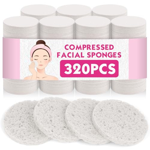 320-Count Compressed Facial Sponges Natural Cellulose Face Sponge Cosmetic Spa Sponges for Facial Cleansing Pore Exfoliating Makeup Removal Skin Massage (White)