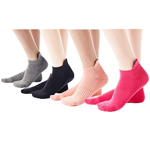 Win.Deeper Women Professional Yoga Socks Non Slip Yoga Socks Anti-skid Pilates Barre Bikram Studio Socks (Black+Grey+Pink+Rosered)