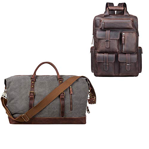 S-ZONE Oversized Duffel Bag Weekend Overnight Carryon Bundle with Men Leather Backpack