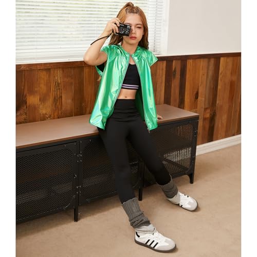Image of Jxstar Girls Metallic Hoodie Vest Kids Shiny Zip Up Outfit Sleeveless Disco Shirt with Pocket