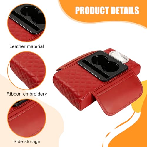 Image of Car Armrest Cushion, 5-in-1 Nappa Leather Vehicle Centre Console Cover with 2 Storage Pockets, Cup Phone & Phone Holder, Multifunctional Auto Organiser Accessories, Universal Fit (Wine Red)