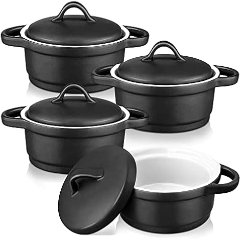 vancasso Ceramic Ramekins with Lid, Souffle Dish Black Mini Round Casserole Dish Soup Dishes, 7 oz Porcelain Ramekins Set of 4, Series Morandi Cover