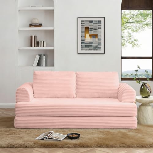Image of HANXIN 80 Inch Convertible Sleeper Sofa Bed, High Back Plush Corduroy Folding Floor Mattress Couch with Fixed-Shape Frame, Boneless Futon Loveseat with Pull Out Bed, No Assembly Required (Pink)
