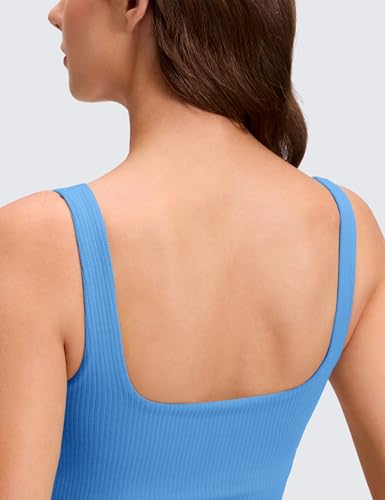 Image of CRZ YOGA Ribbed Henley Crop Tank Tops | Medium Support, Removable Pads, Casual, Square Back, Wide Straps, Longline Sports Bras for Women