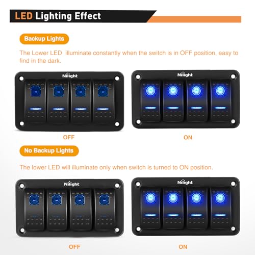 Image of Nilight - 90109D 4 Gang Aluminum Rocker Switch Panel Toggle Dash 5 Pin ON /Off Pre-Wired Rocker Switch Blue Backlit Switch for Automotive Car Marine Boat RV,2 Years Warranty