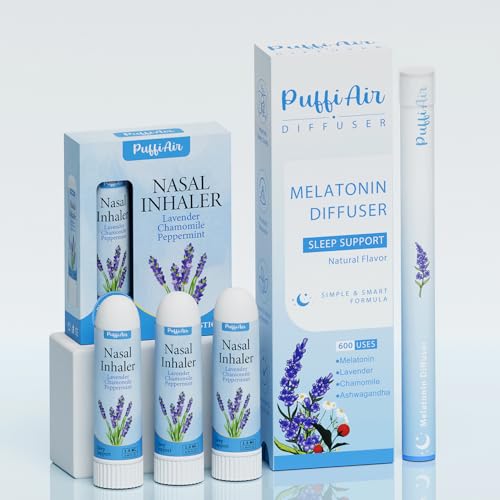 Image of PUFFIAIR Herbal Melatonin Diffuser + Lavender Nasal Sticks (3 Pack) | Lavender, Chamomile, Ashwagandha | Sleep Support, Stress Relief, Stuffy Nose Relief | 600 Uses