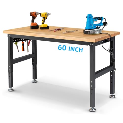 ENJOYWOOD 60" Adjustable Height Workbench with Pegboard & Power Outlet Heavy Duty Rubberwood Work Table for Garage, Workshop, Home & Office