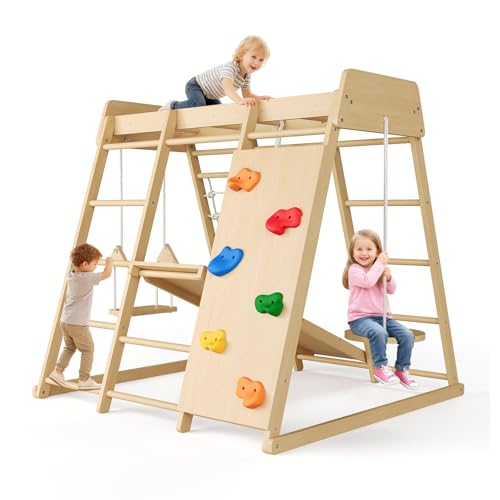 8-in-1 Indoor Playground Jungle Gym Kids Climbing Toys, Wooden Climber Playset with Slide, Swing, Monkey Bars & Climb Net, Natural Wooden Design, Perfect Birthday Toys for Kids