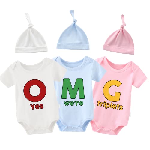 YSCULBUTOL Baby Triplets Bodysuits Omg Cute Outfit Infant Triplets Funny Hat bodysuit Set
