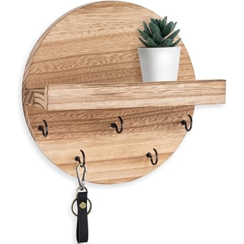 Lwenki Key Holder for Wall – Decorative Key Hook Shelf for Entryway Decor – 7.9 Inch Round Paulownia Wood Hey Hanger with 5 Metal Hooks Includes Mounting Hardware and Installation Guide Cover